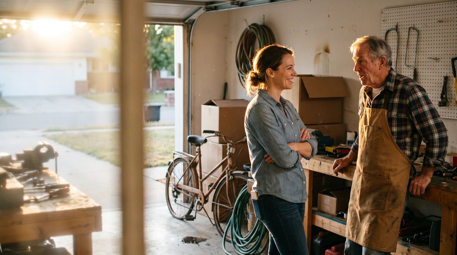 A woman and an older man talking in a garage workshop beside a workbench, an old bicycle, and stacked boxes, with low sun outside the open door