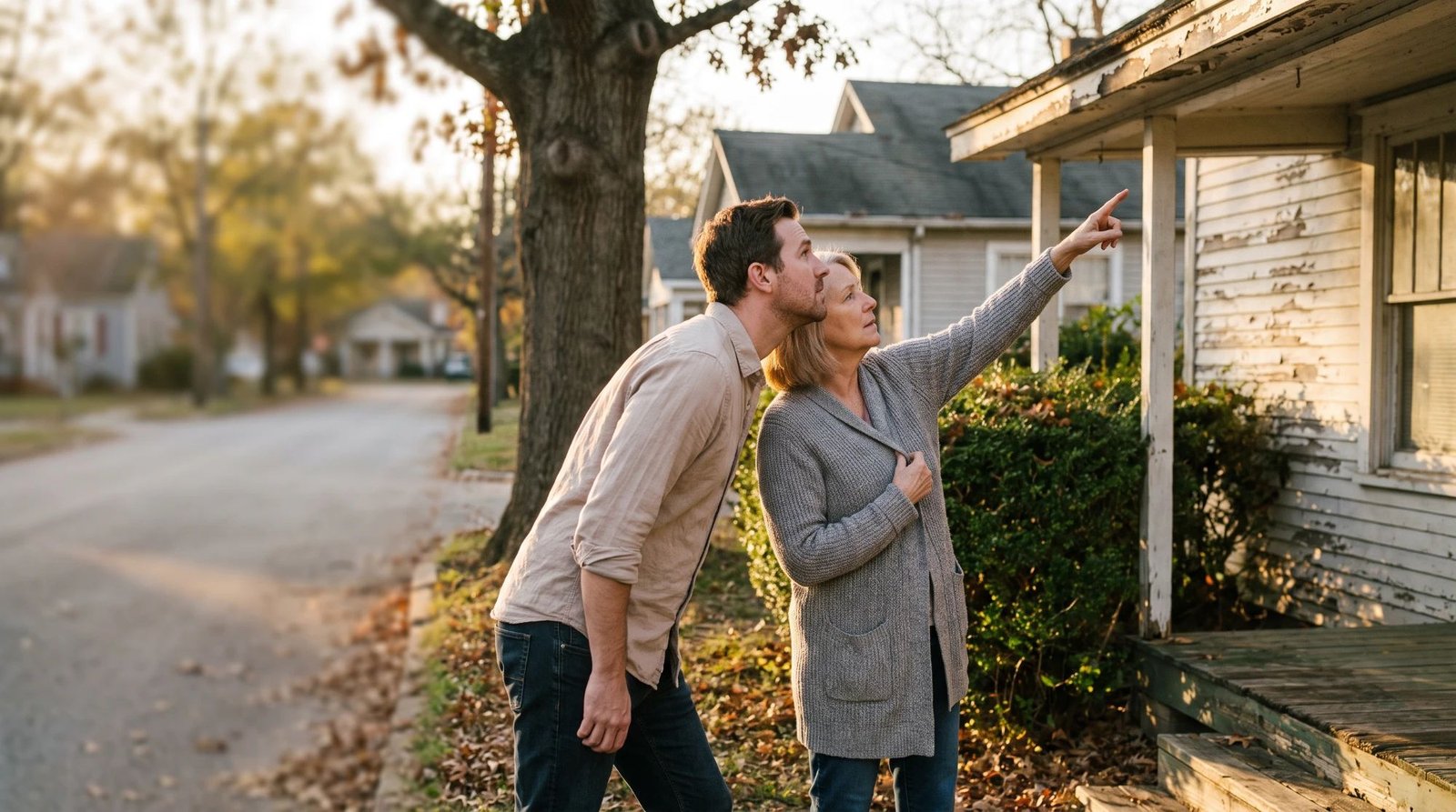 A man and a woman looking up at the peeling paint on the roofline of an older house with a front porch on a quiet street